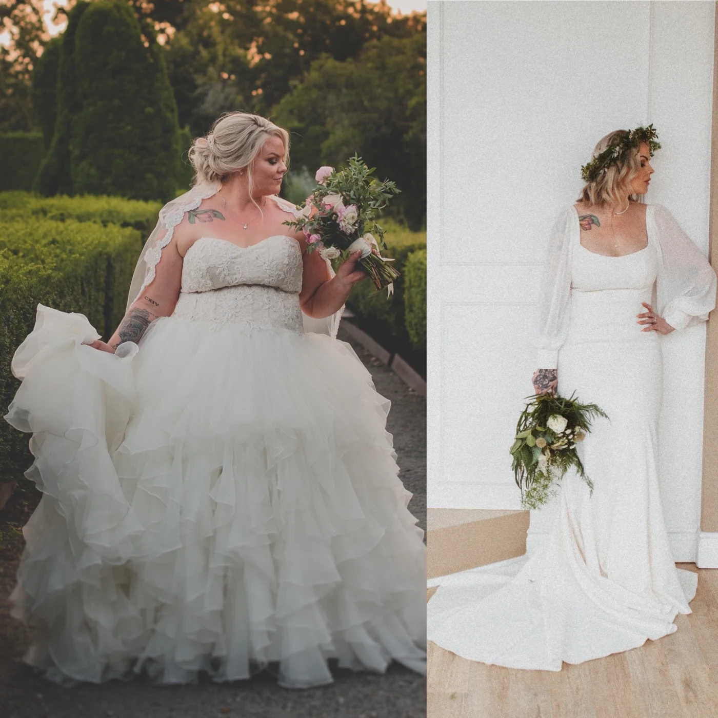 Heather in wedding dresses at two stages of her journey