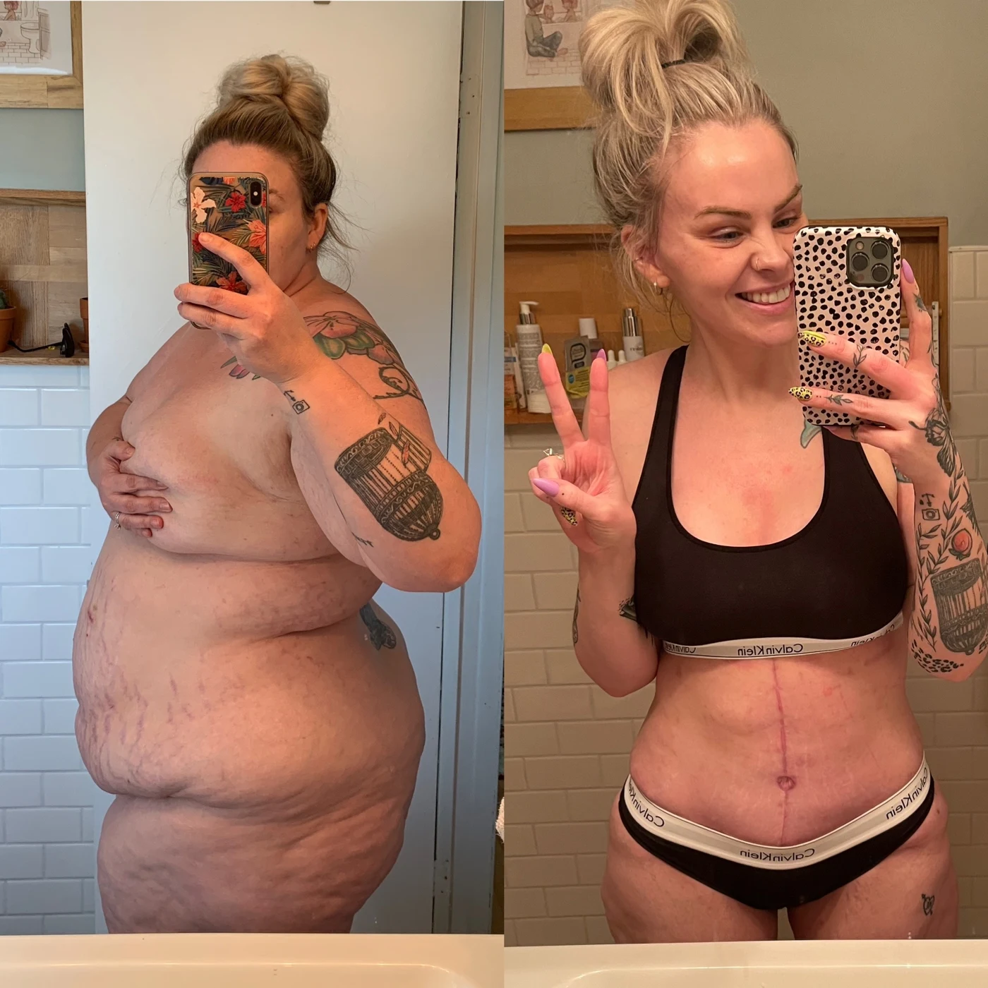 Heather’s before-and-after mirror photos in workout clothing