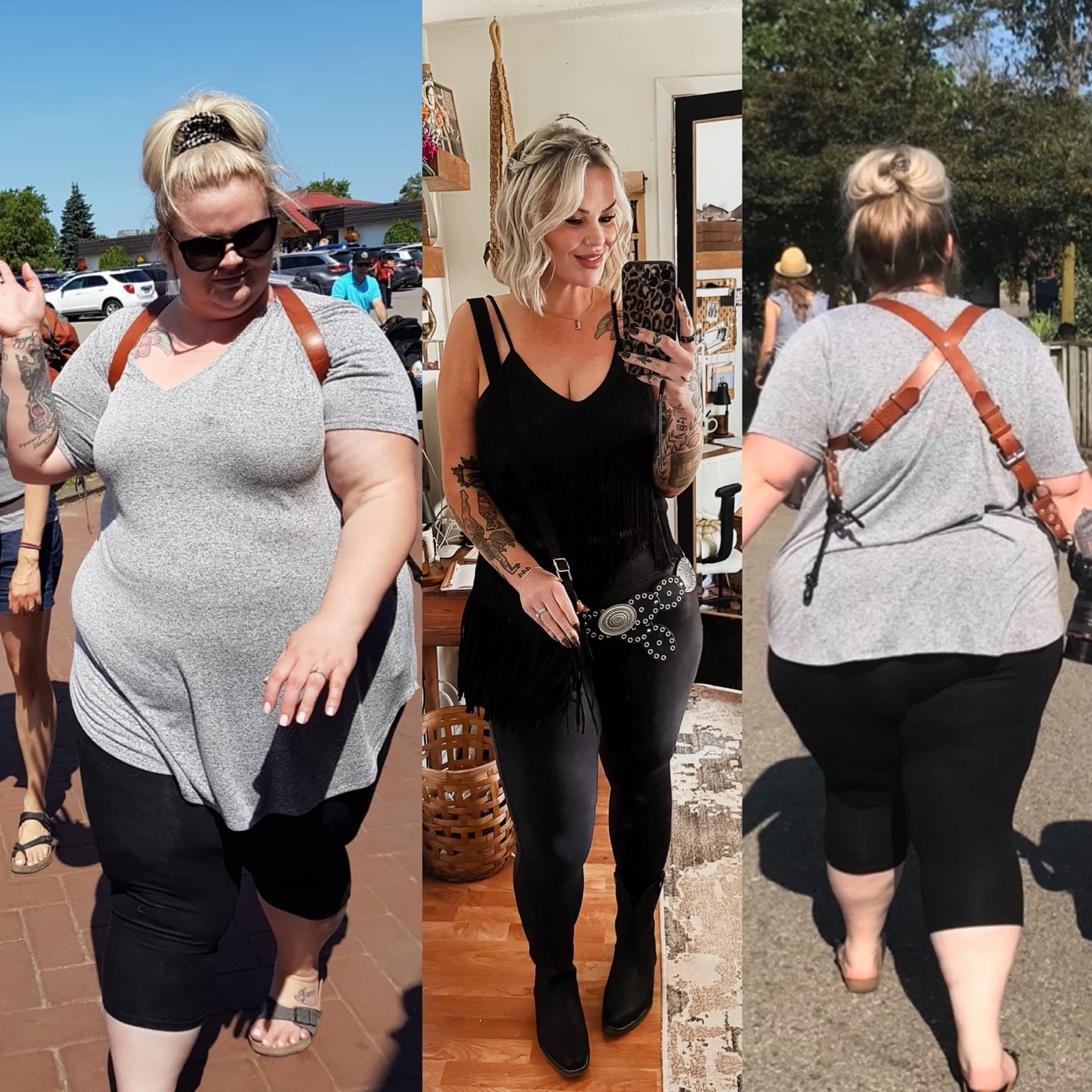 Three photos of Heather showing different stages of her journey