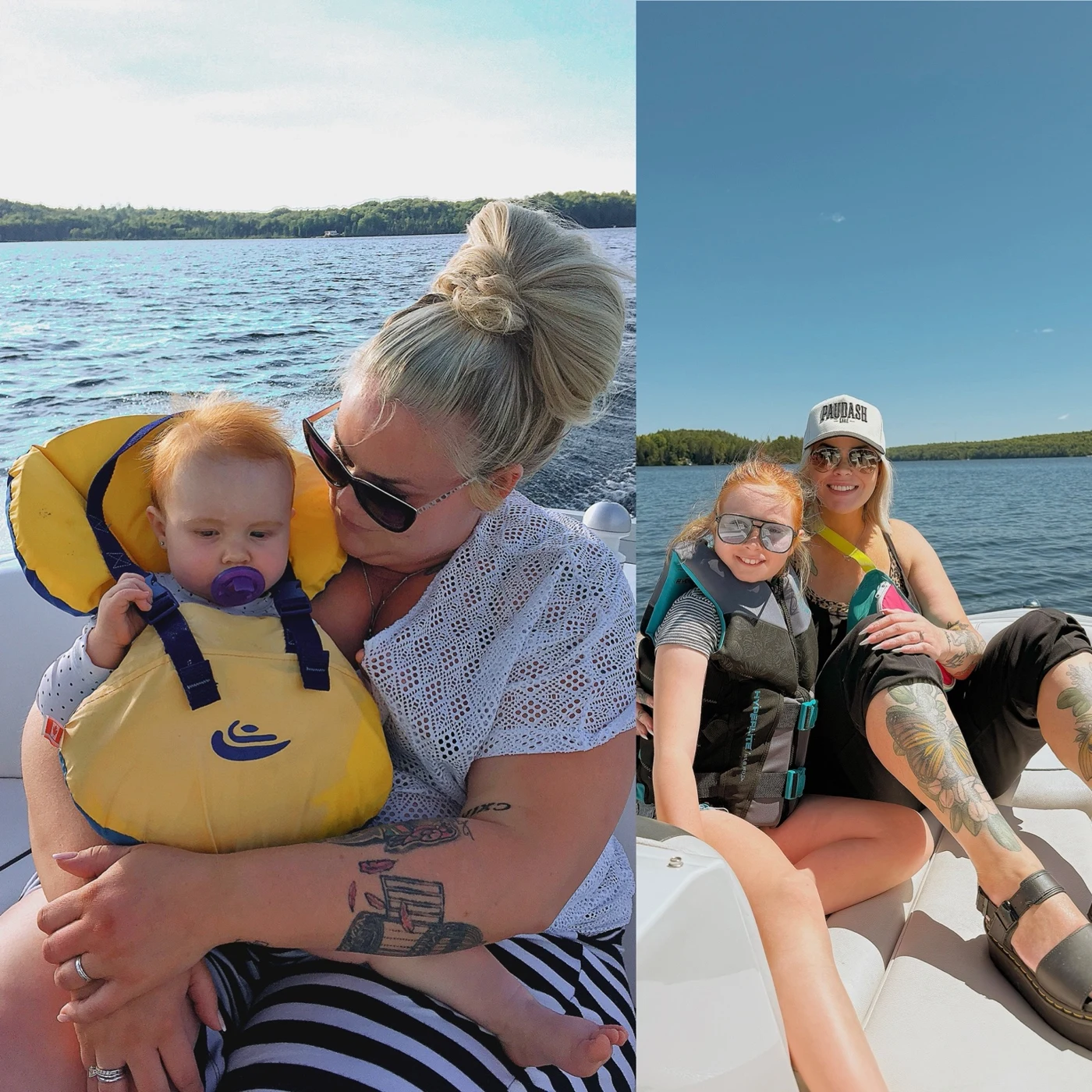 Heather enjoying time on the water with her children at two stages of her journey