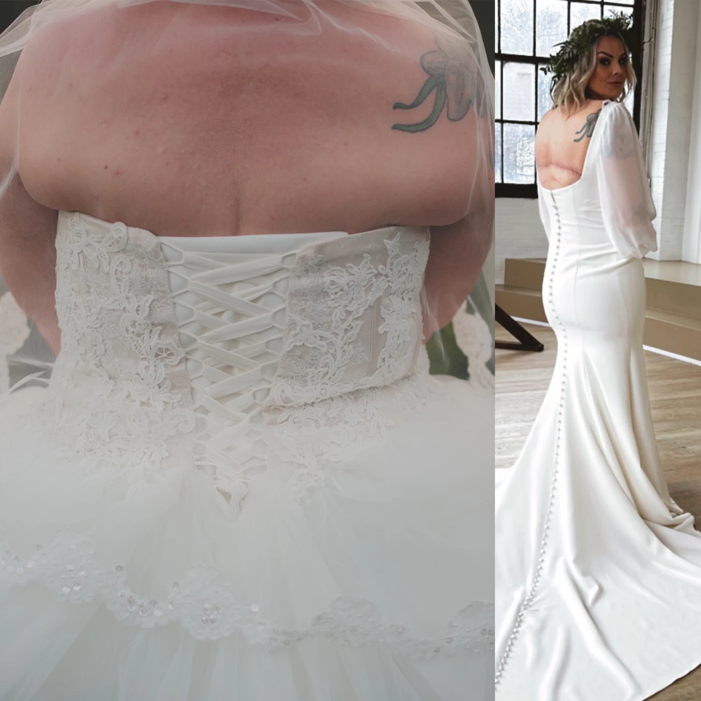A close-up wedding dress comparison from Heather’s journey