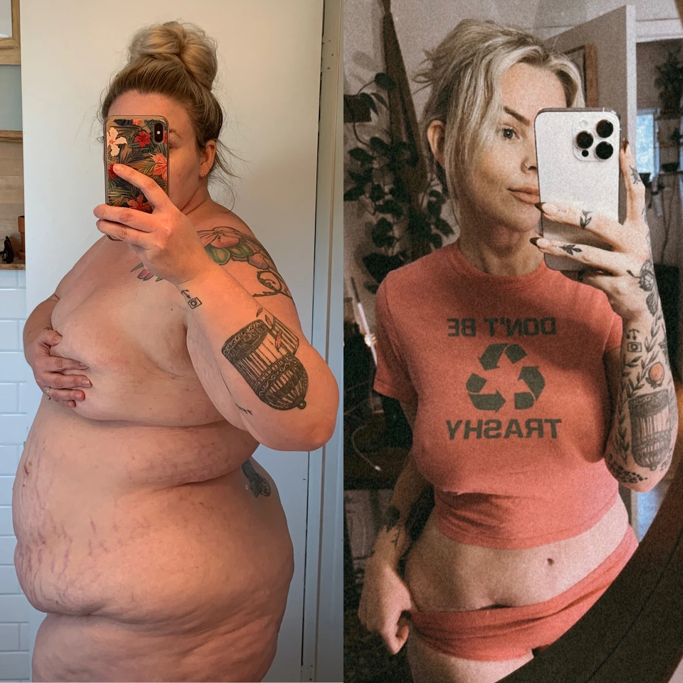 Heather’s before-and-after mirror photos in casual clothing