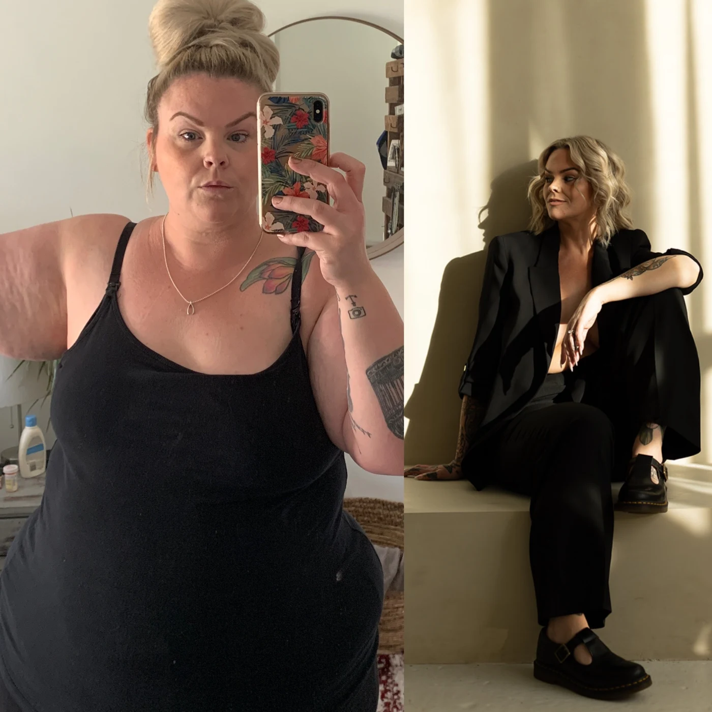 Heather in a black outfit at two stages of her journey